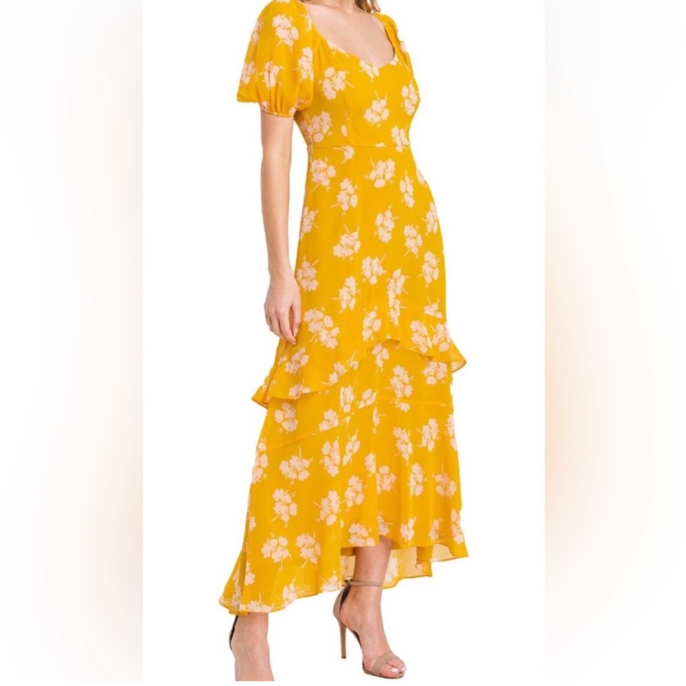 Romantic orange/yellow dress w/ florals, tiered skirt & sheer sleeves